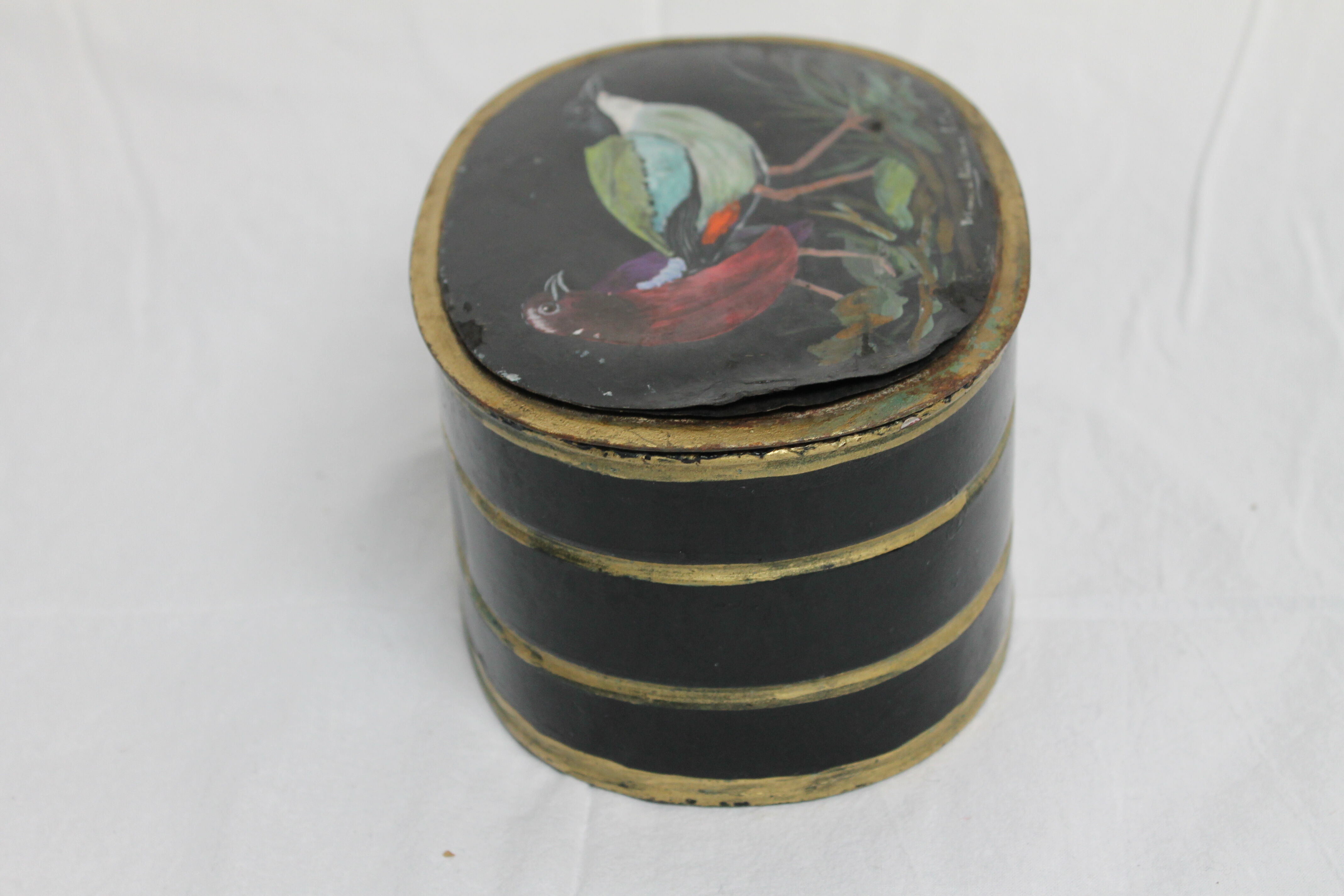 Napoleon III style metal box with painted and signed leather