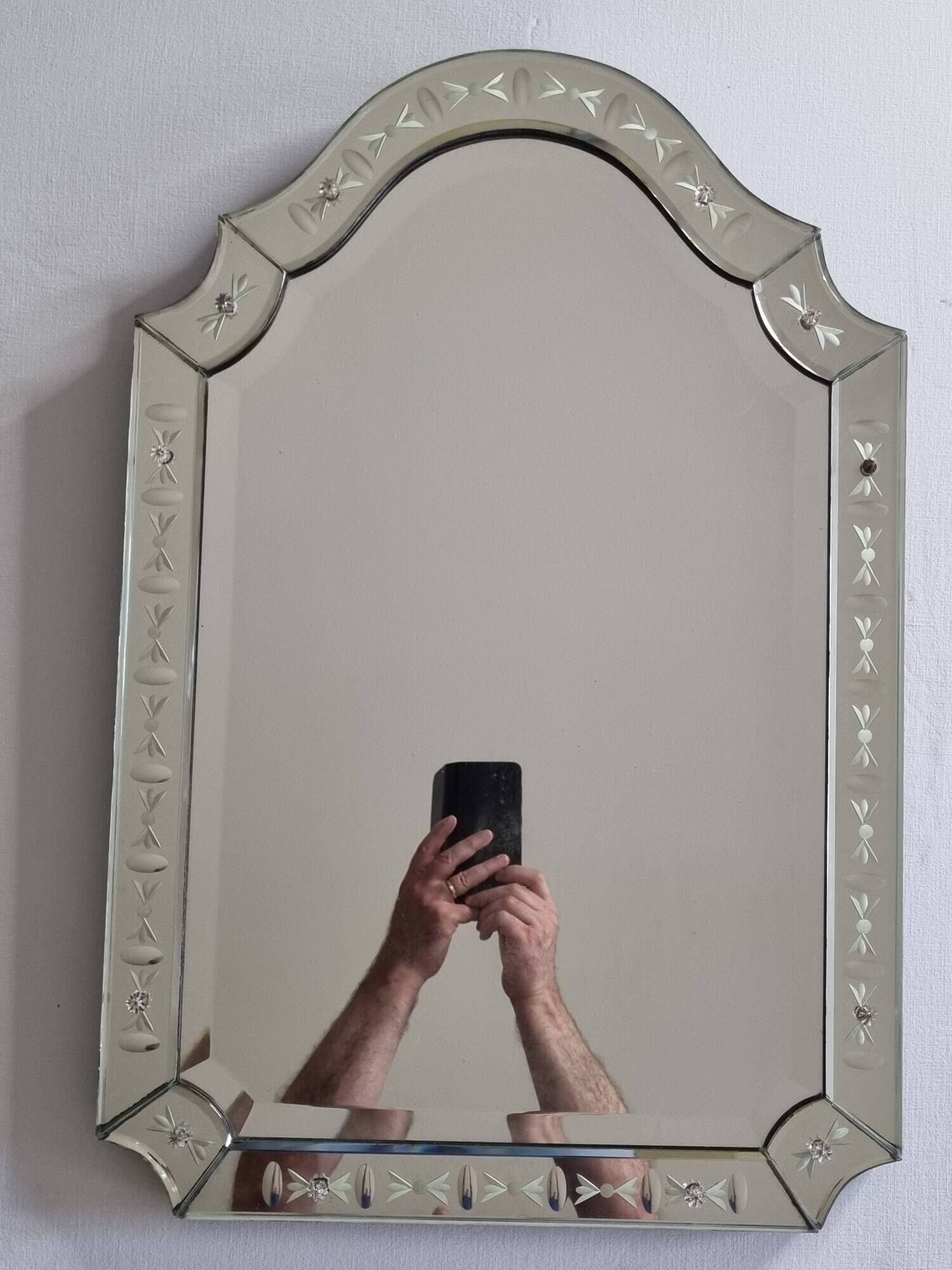 Vintage Venetian Beveled Edge Mirror with Engravings and Cabochons, 1950s, 62 x 44 cm