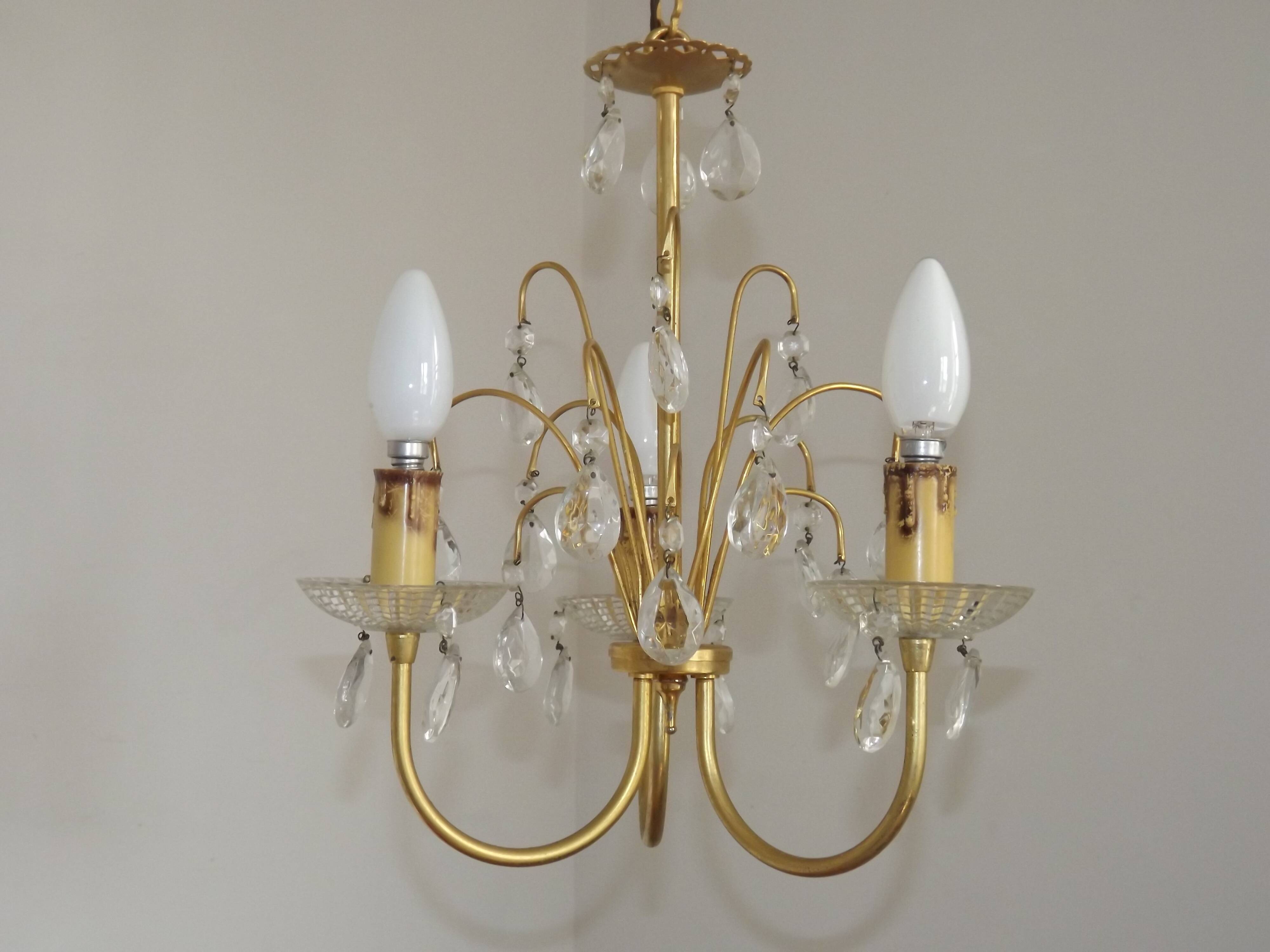French Vintage Gold Effect Metal-Crystal 3 Light Chandelier Glass Bobeches