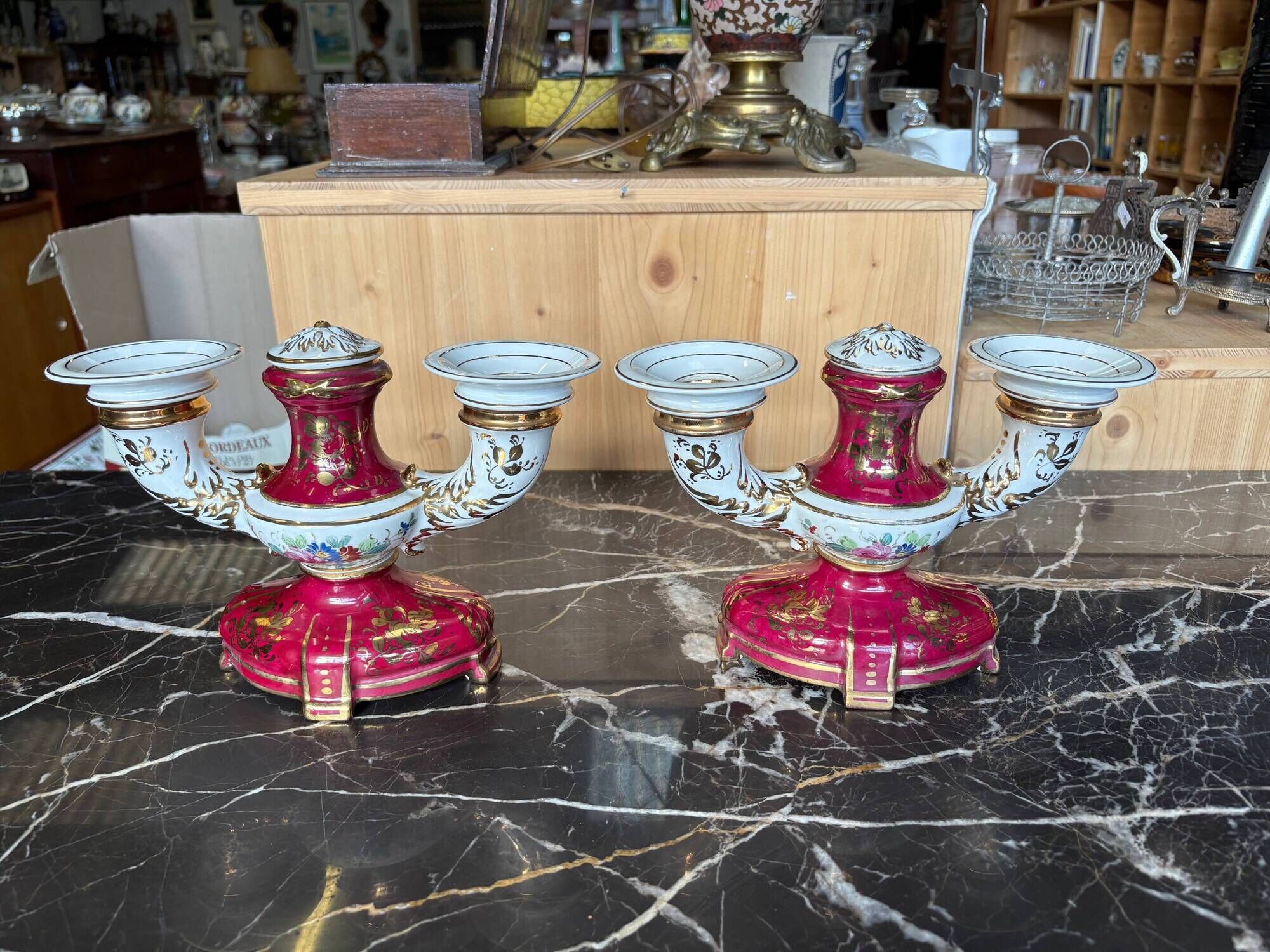 Pair of Limoges porcelain candlesticks with hand-decorated decoration – red and gold