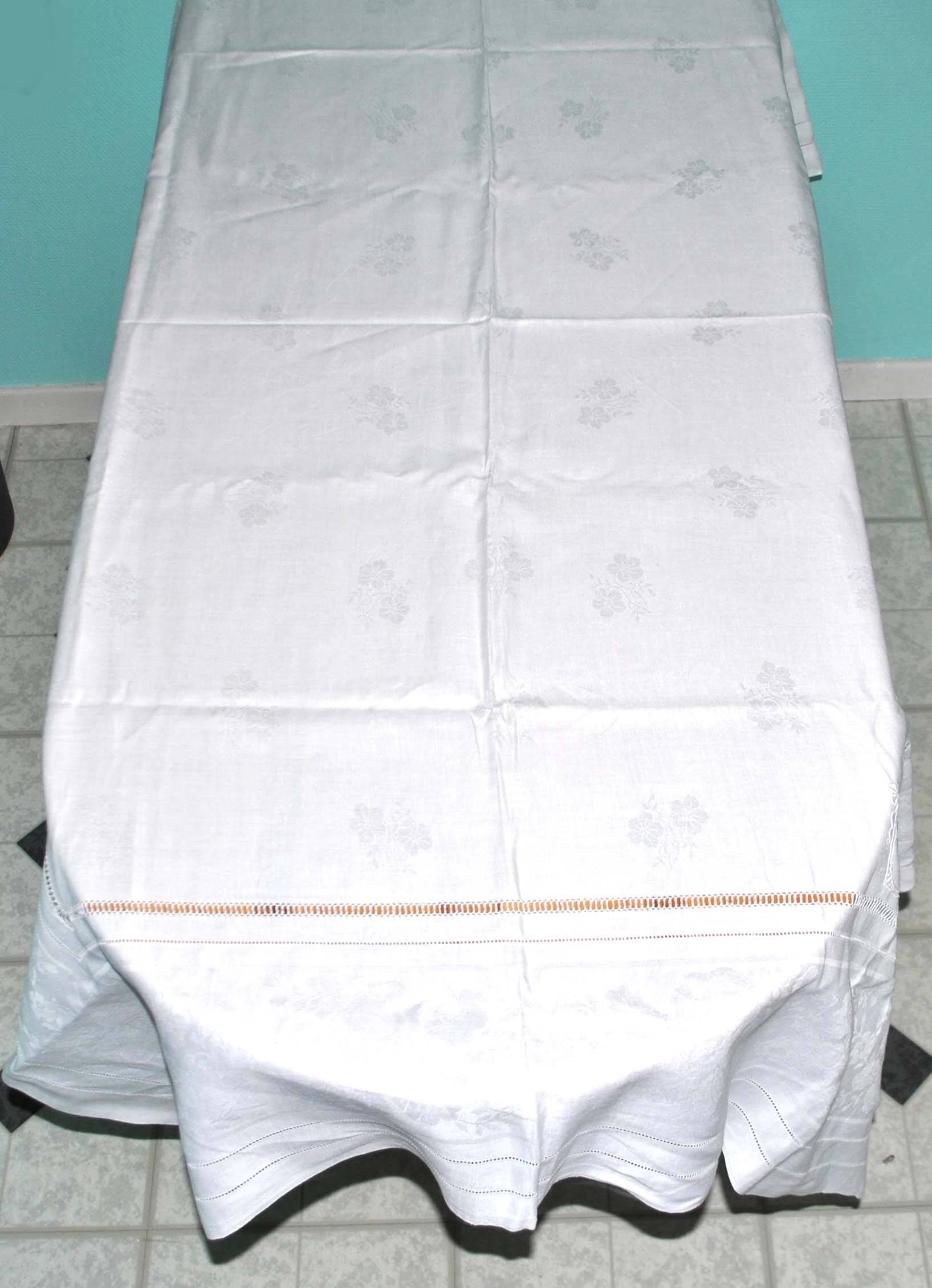 Vintage tablecloth in mixed cotton damask 130x150 floral decor monogram medallion BV + 10 napkins *M