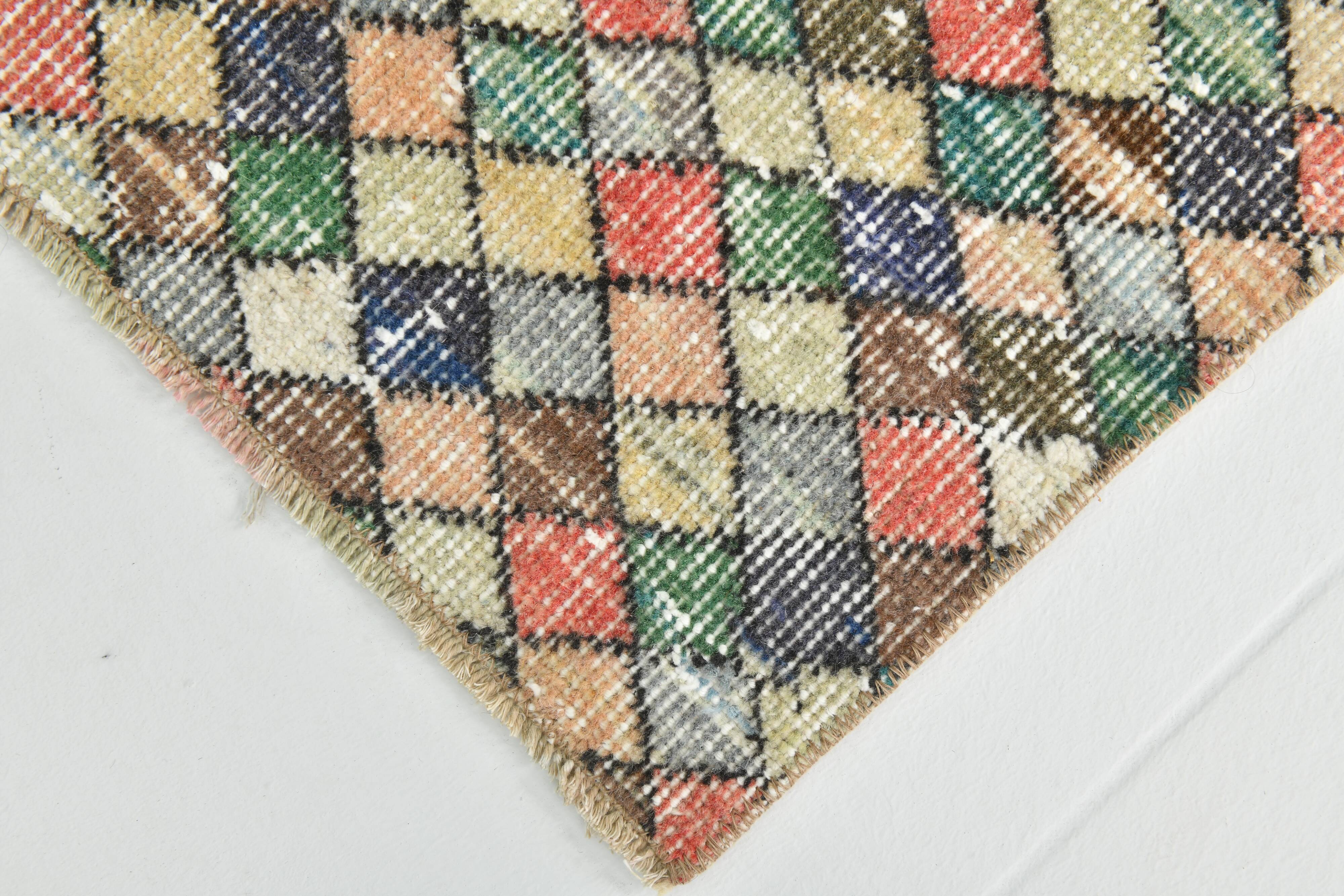 2x9 Vintage Multicolor Geometric Turkish Runner Rug, 75x266Cm