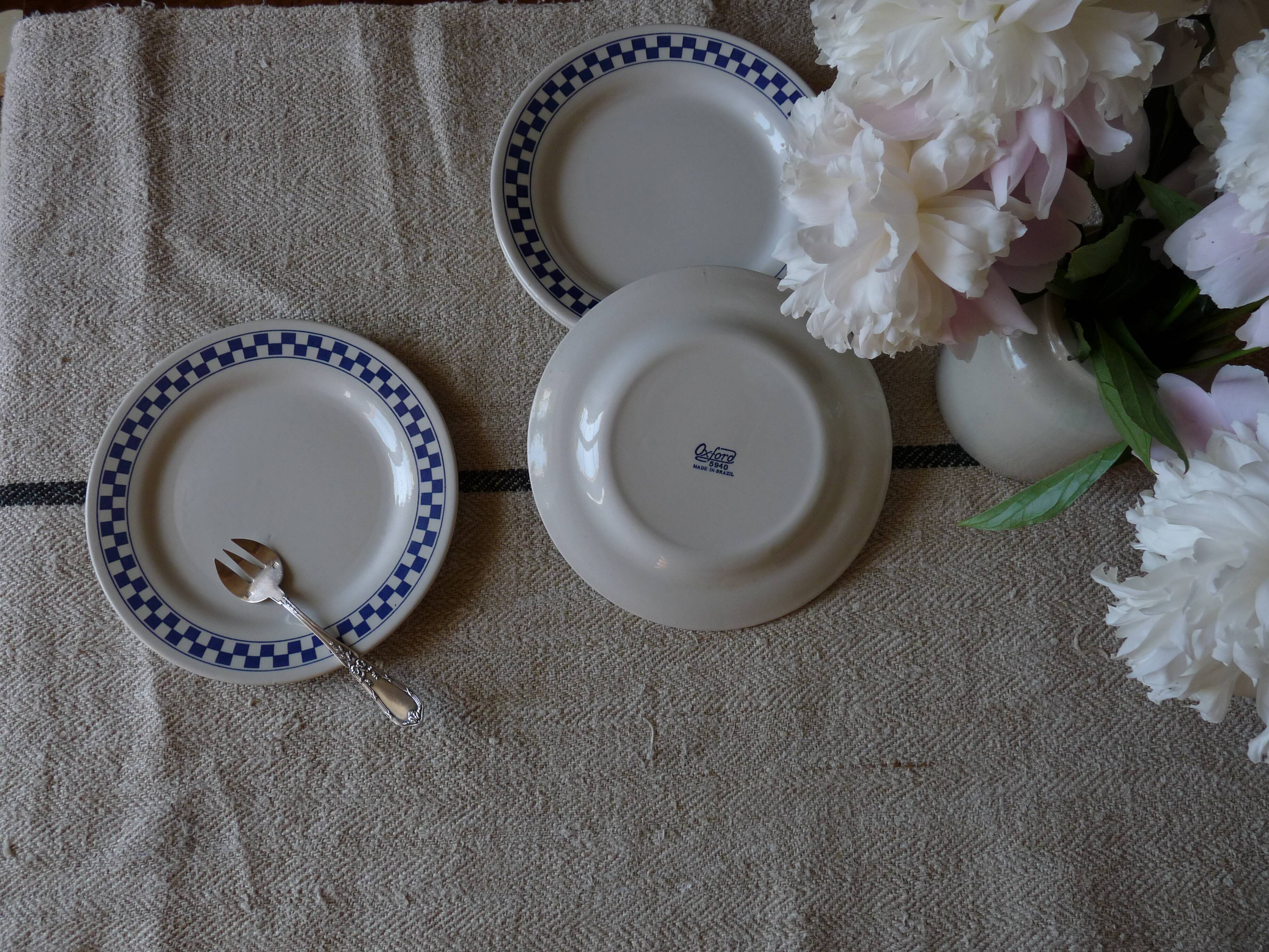 6 dessert plates blue checkerboard décor style Lustucru Oxford Brazil