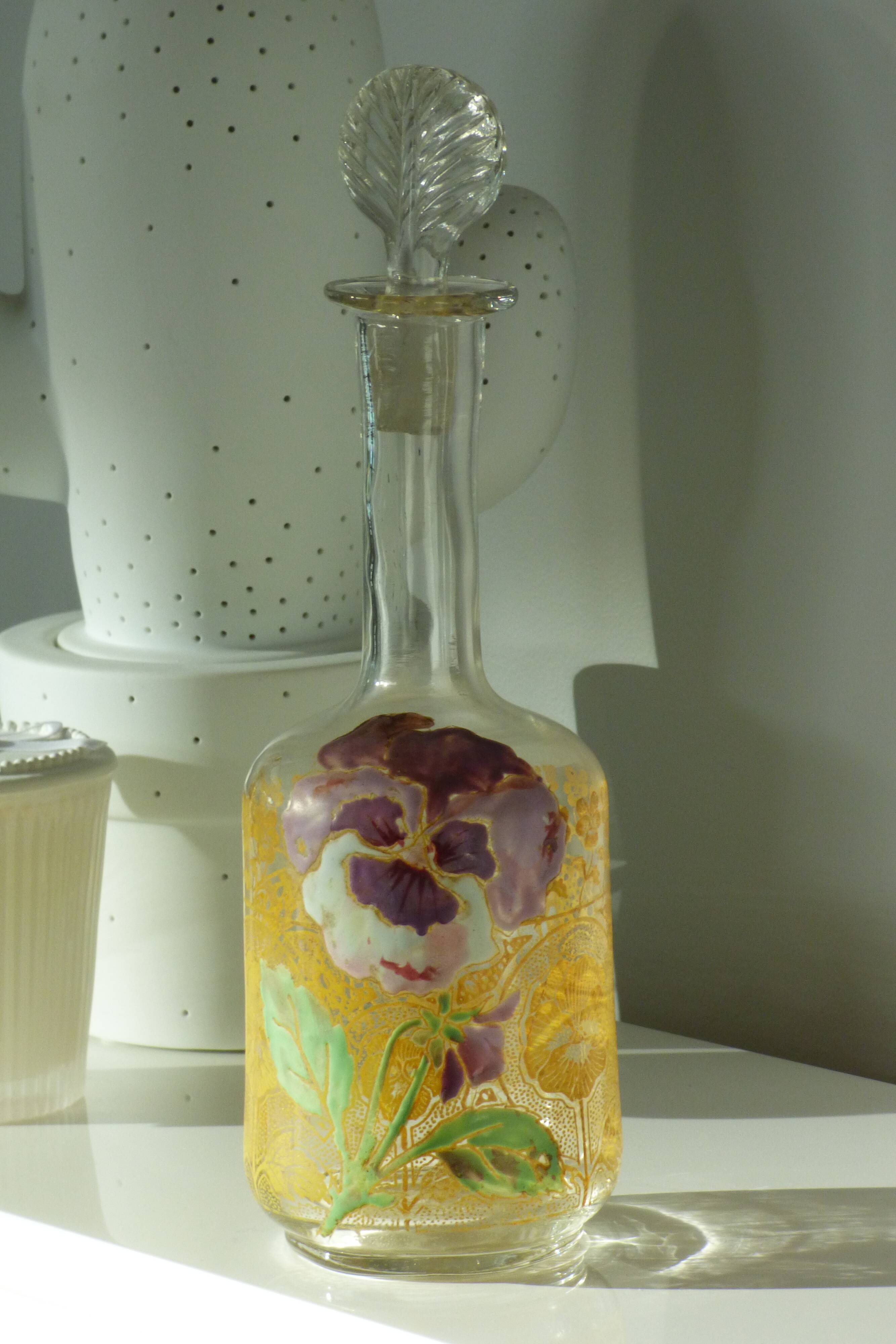 LEGRAS carafe, enamelled with pansy flower.