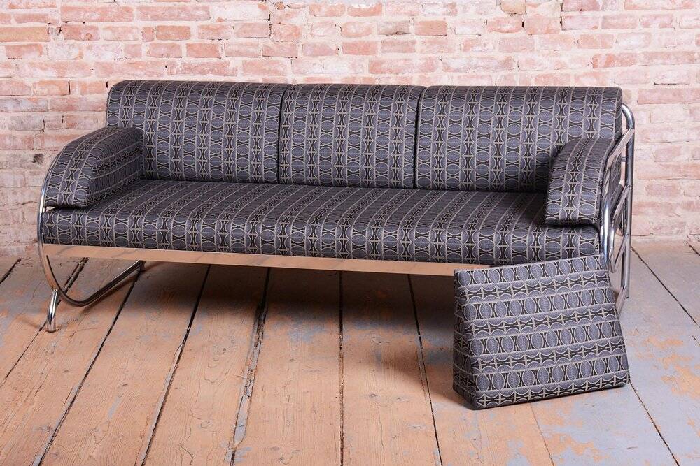 Bauhaus Sofa in Chrome and Fabric from Robert Slezak, Czech, 1930s