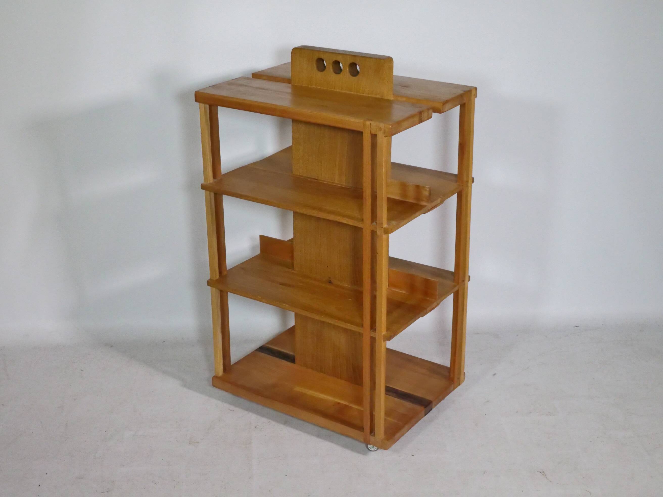 Solid cherry wood rolling shelf, unique piece, 1970s