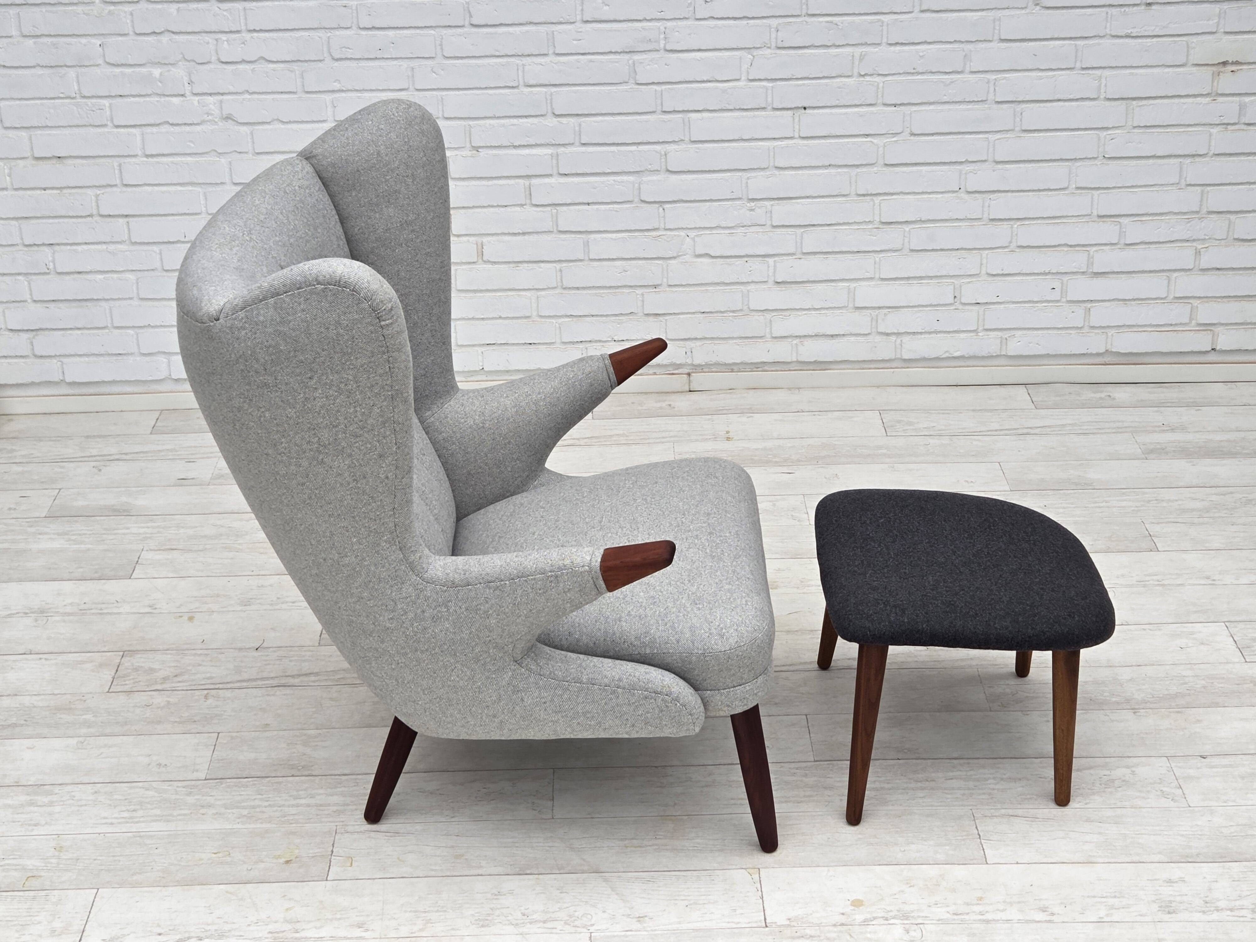 1960s, Danish "Teddy chair" with stool, reupholstered, wool, teak wood.