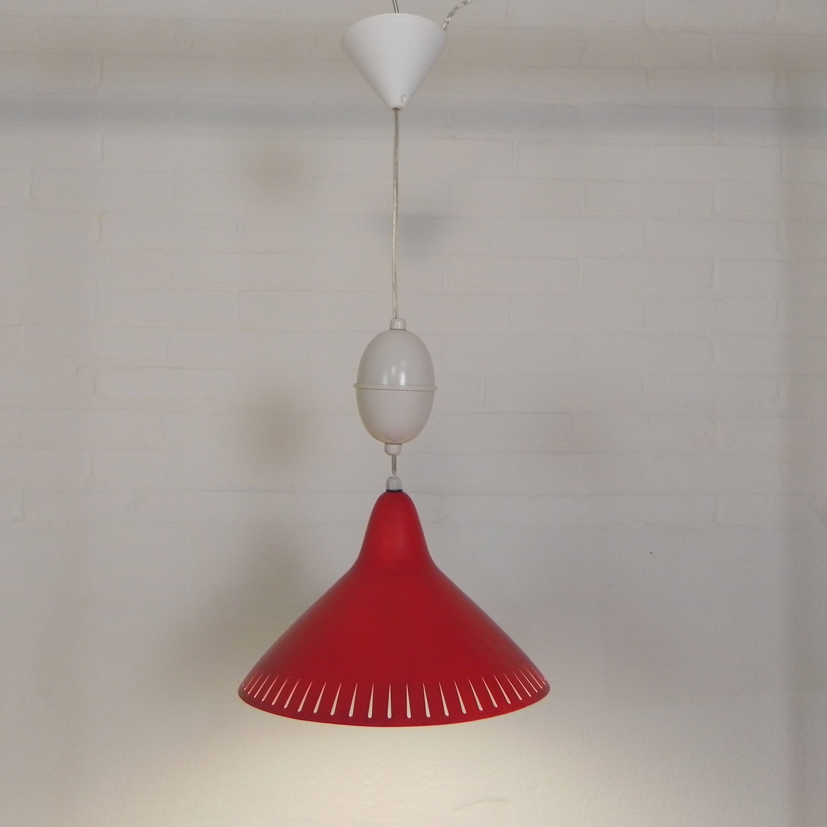 Hala suspension by H. Busquet with red shade and winding system, 1950s.
