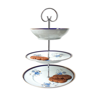 Serviteur muet à 3 plateaux en porcelaine de Limoges motif fleur ~ Présentoir à gâteaux ~ Centre de