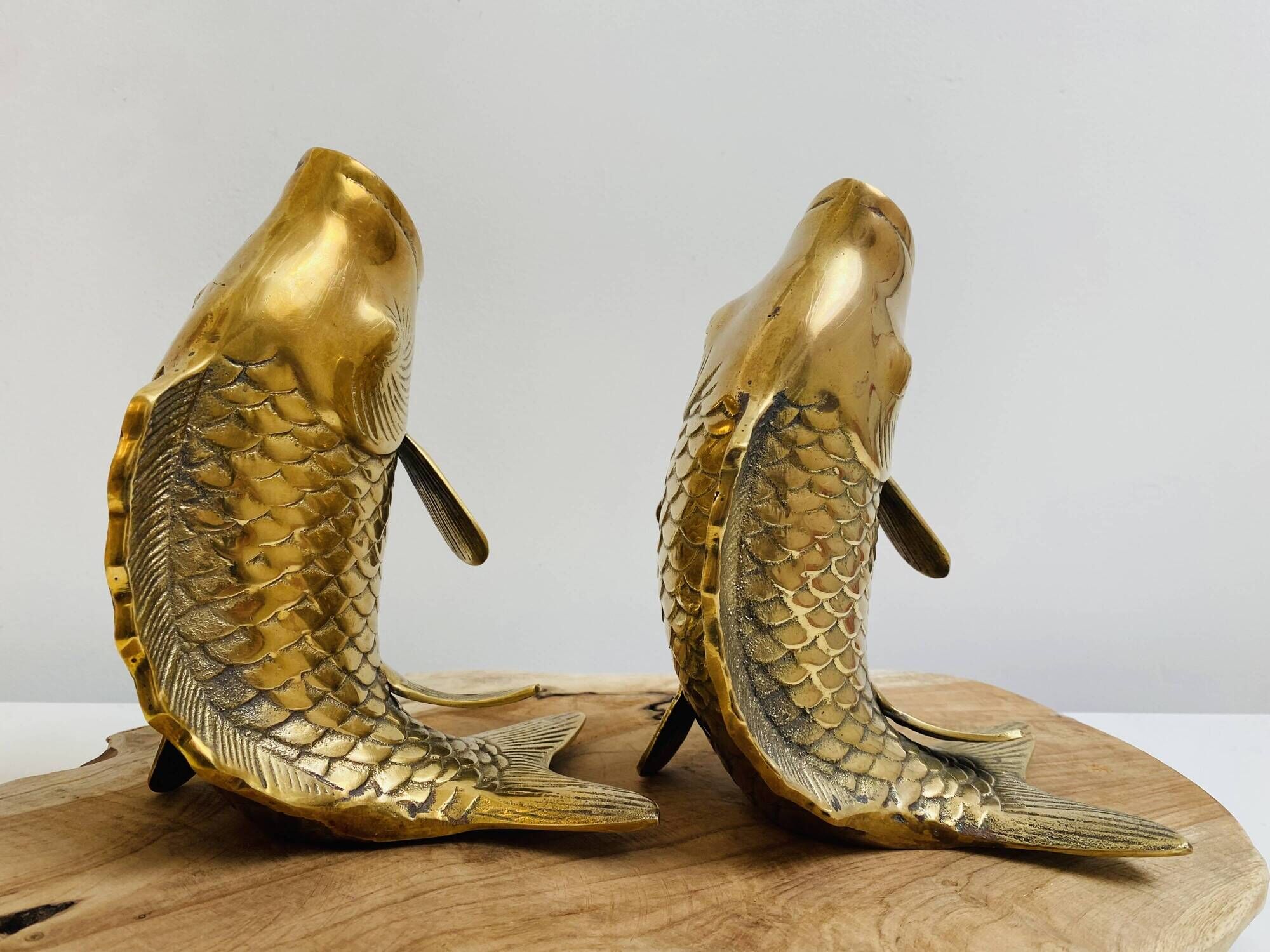 Pair of koi carp vases in brass, animal sculpture