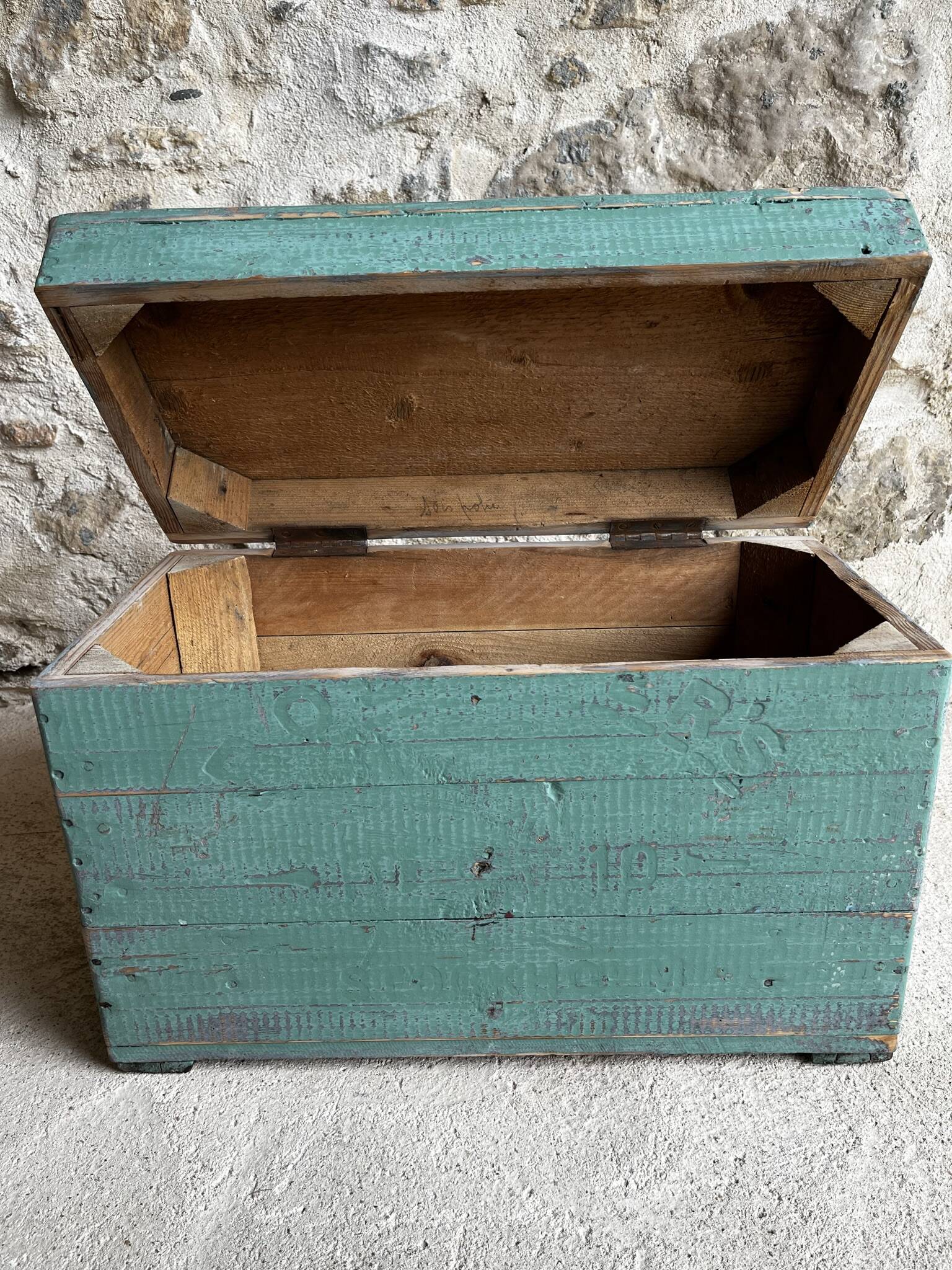 Patinated green wooden chest