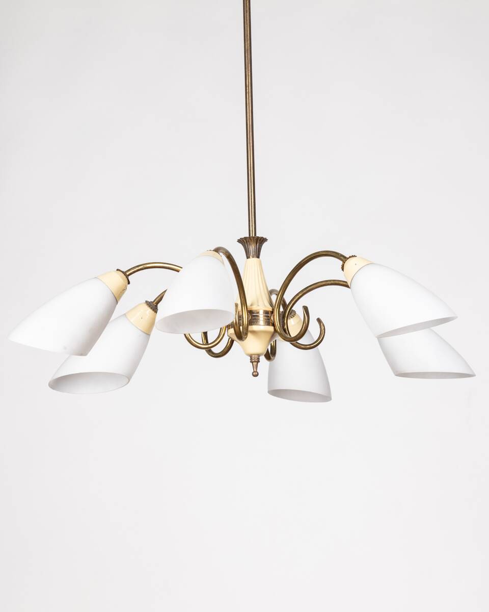 VINTAGE 50'S CHANDELIER IN GLASS AND BRASS ITALIAN DESIGN