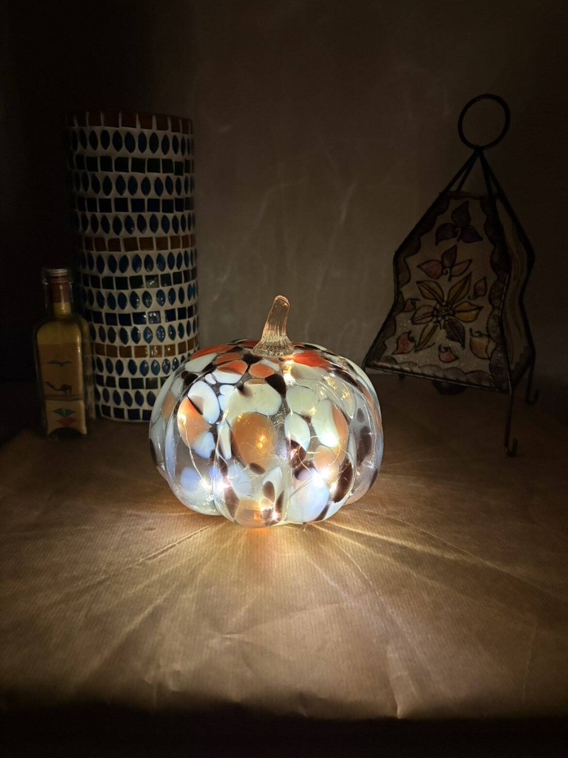 White, orange & brown glass pumpkin lamp – vintage