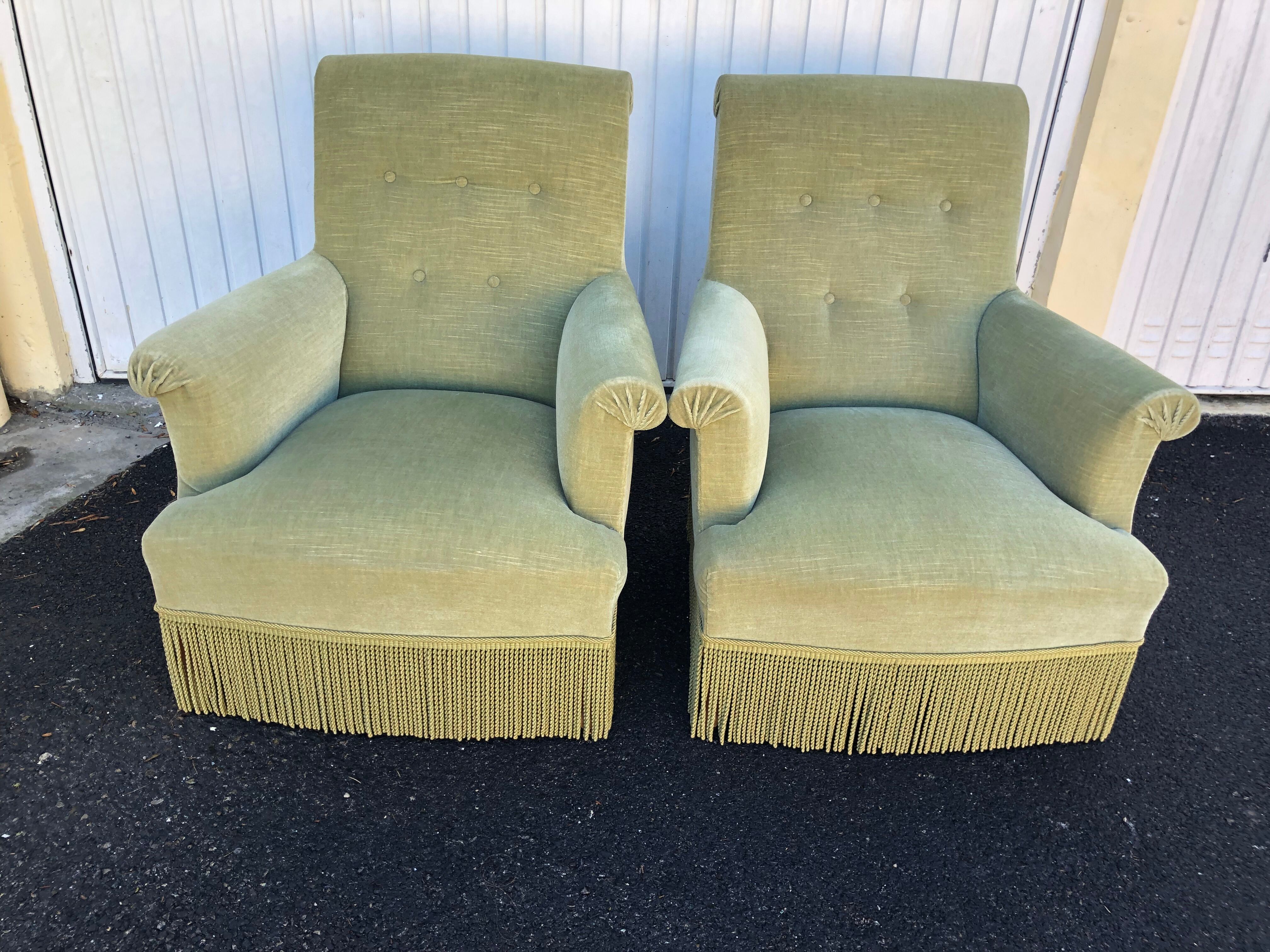 Pair of vintage almond green velvet armchairs