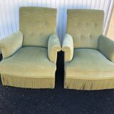 Pair of vintage almond green velvet armchairs