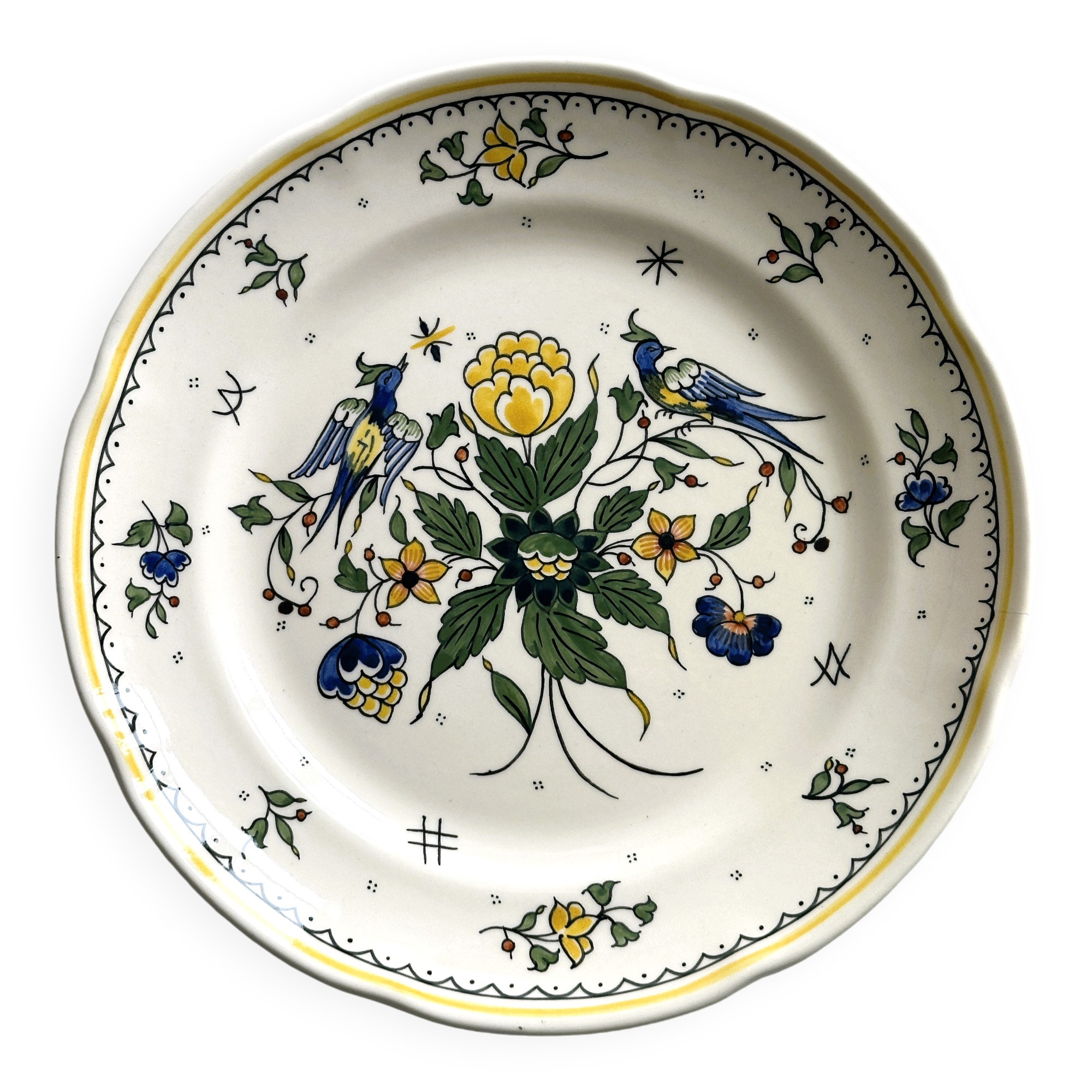 Earthenware plate, hand-painted floral and bird motif