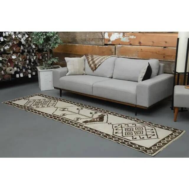 1970s Vintage Turkish Handmade Wool & Cotton Beige Runner Rug 89x320