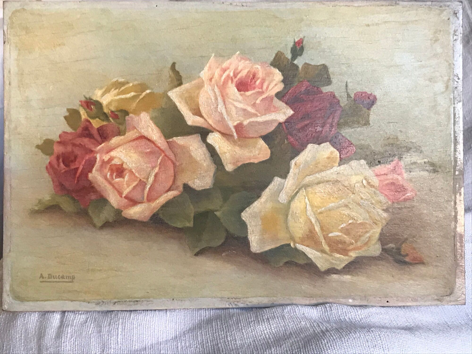 Painting oil on wood flowers bouquet of old roses 1930 signed