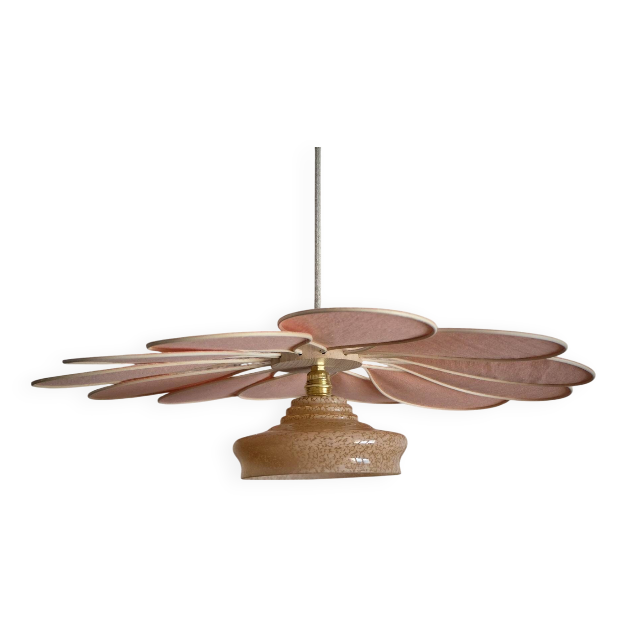 Rattan and Pink Linen Flower Pendant Light and Vintage Clichy Glass Globe