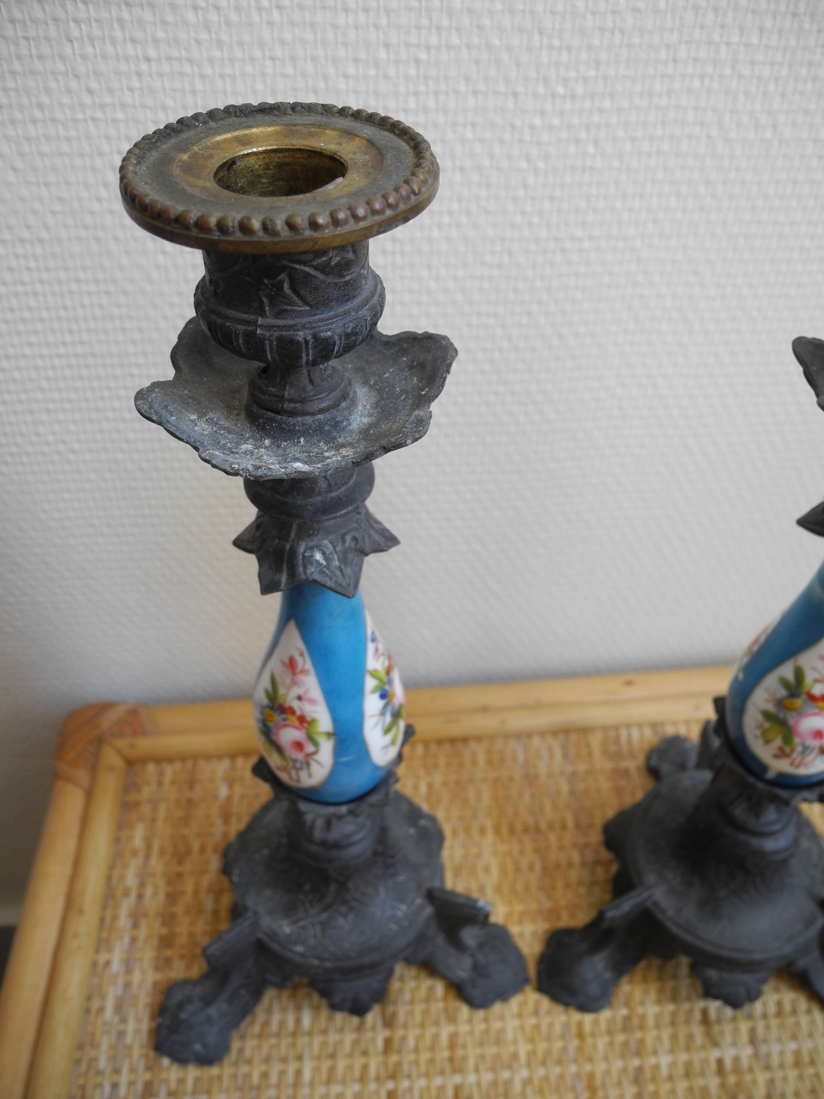 pair old candlesticks tin porcelain old french candlesticks
