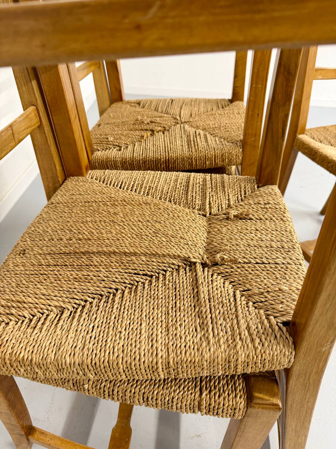 Set of 5 wooden chairs with rope seats, Scandinavian design, 1970s