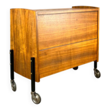 Rolling bar cabinet with interior mirrors, walnut, 60s, vintage