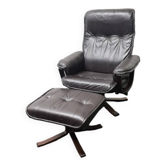 Vintage leather reclining swivel chair with foot stool