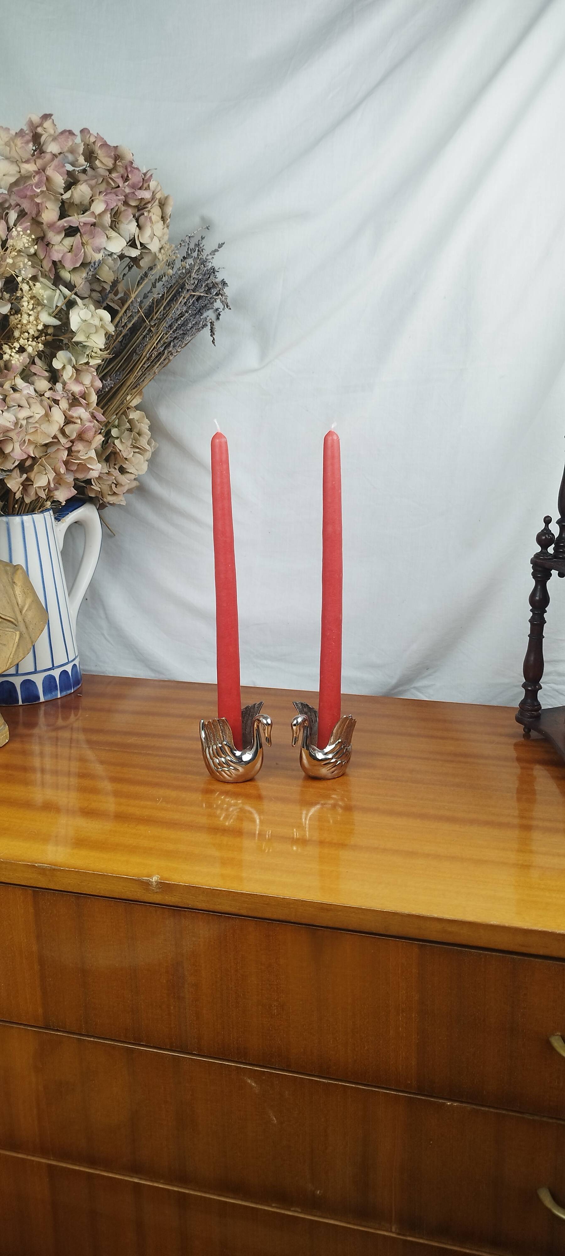 Pair of Silver Metal Zoomorphic Swan Candle Holders, Vintage 70s