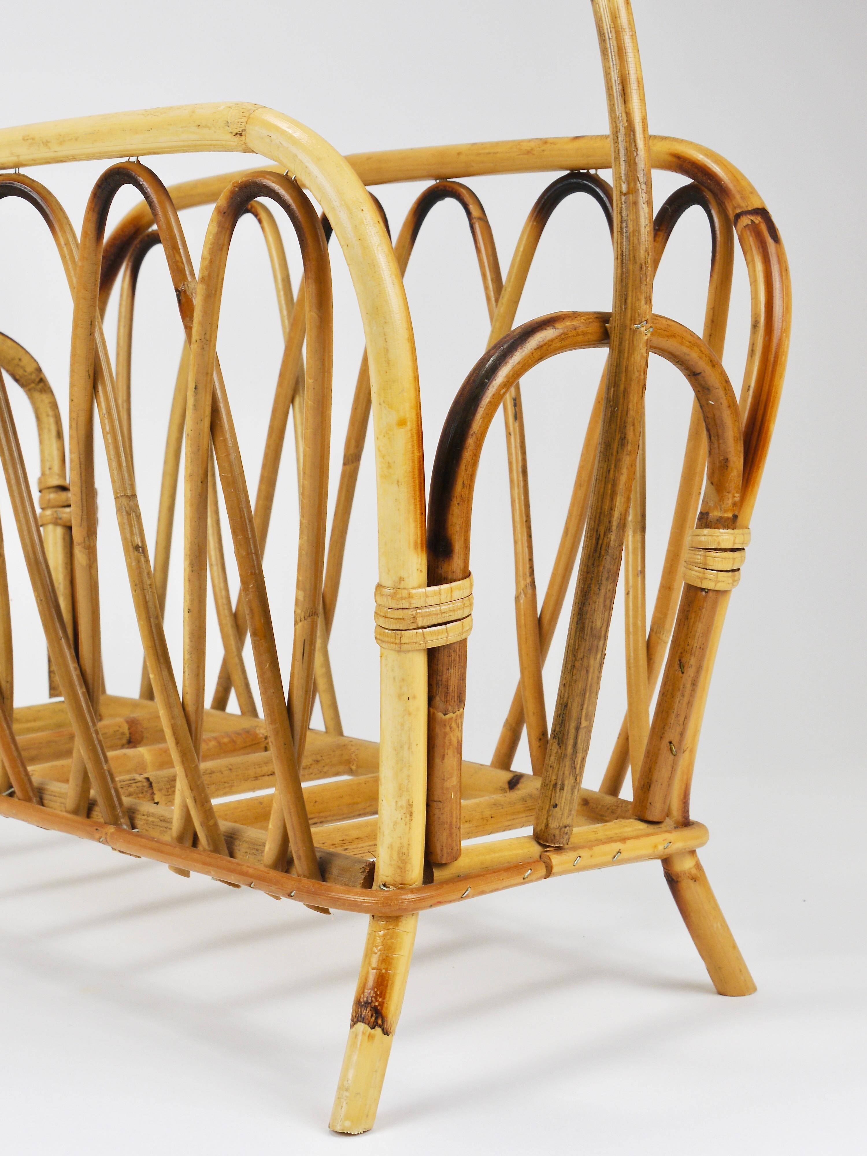Bamboo and rattan magazine rack in the style of Franco Albini, Italy, 1970s.