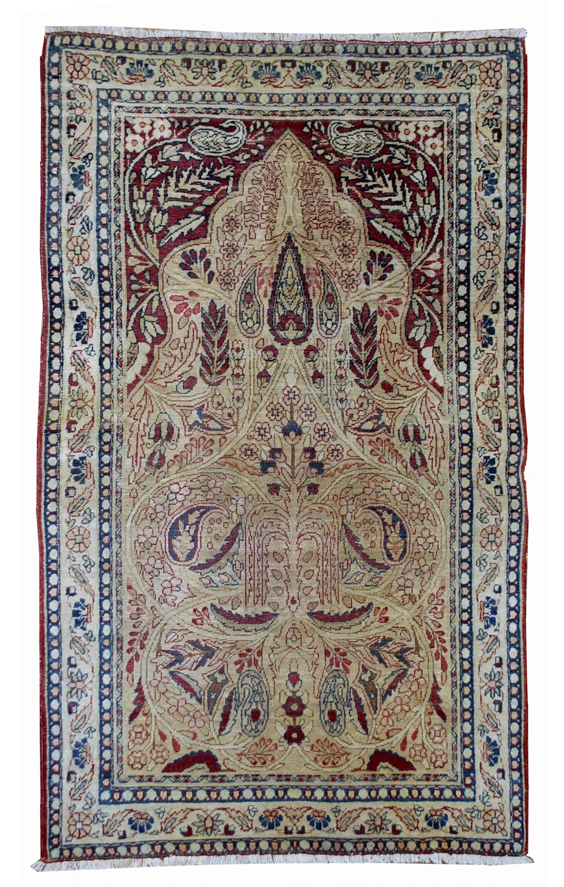 Tapis persan Kerman Lavar antique fait main 90 cm x 146 cm années 1880