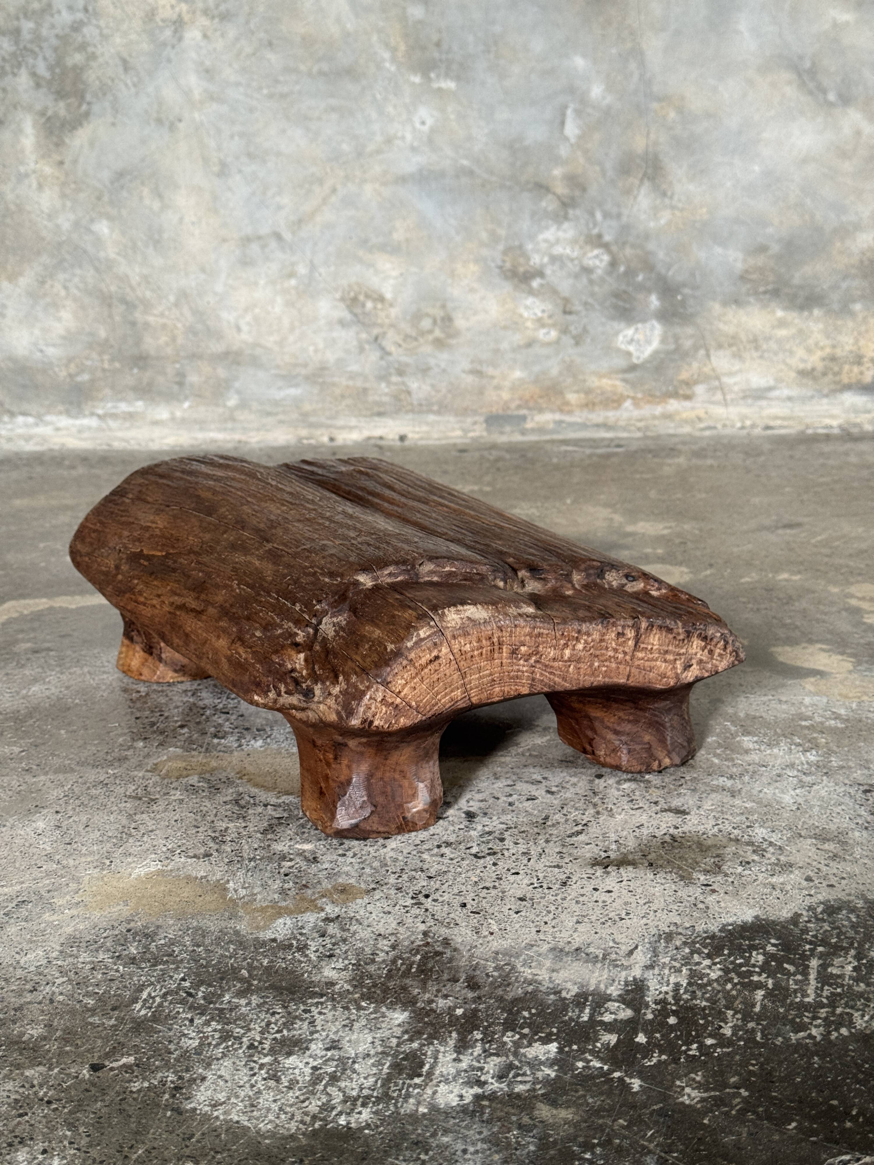 Small stool, footrest in organic blond teak monoxyle wabi-sabi L22
