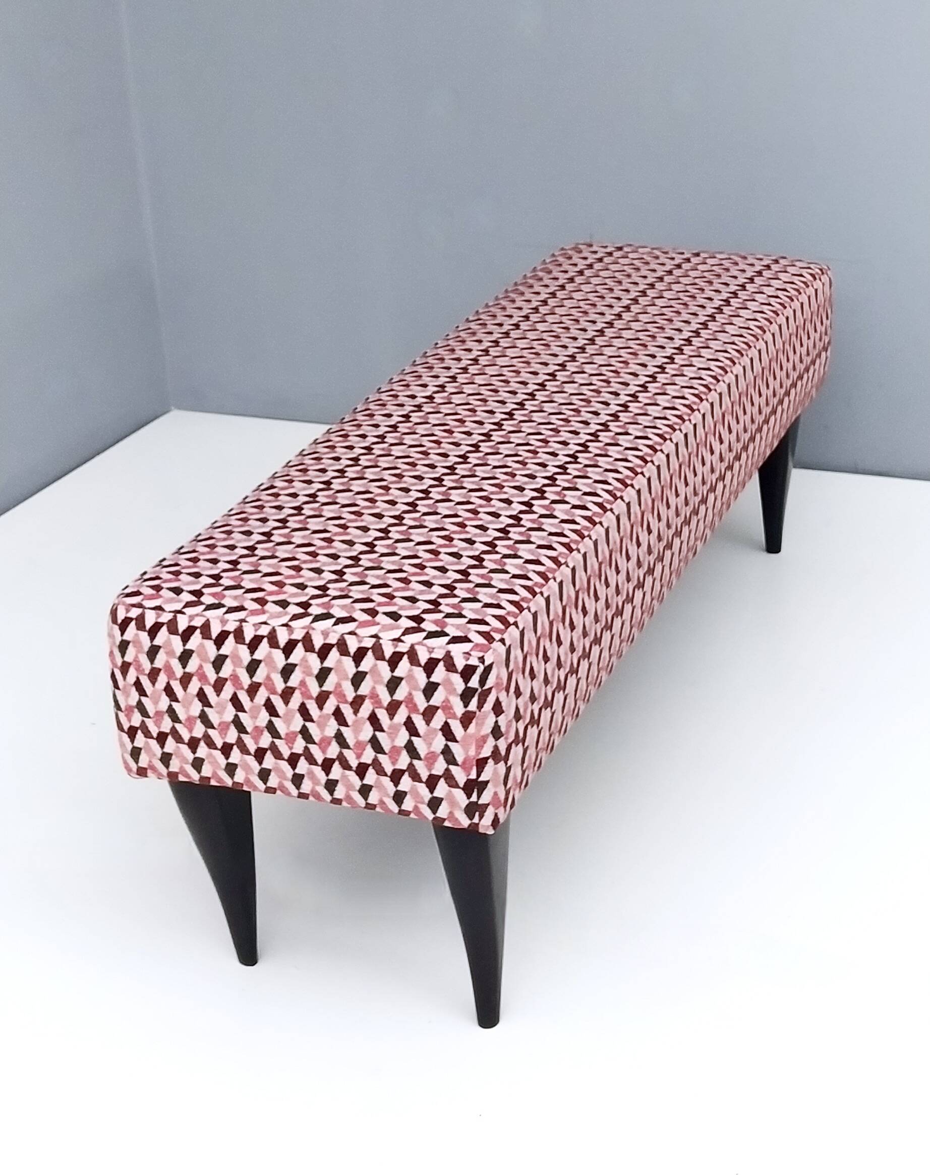 Pair of Benches with Red Patterned Fabric Upholstery, Italy