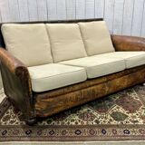Early 20th century leather club sofa - seat and back in modern fabric