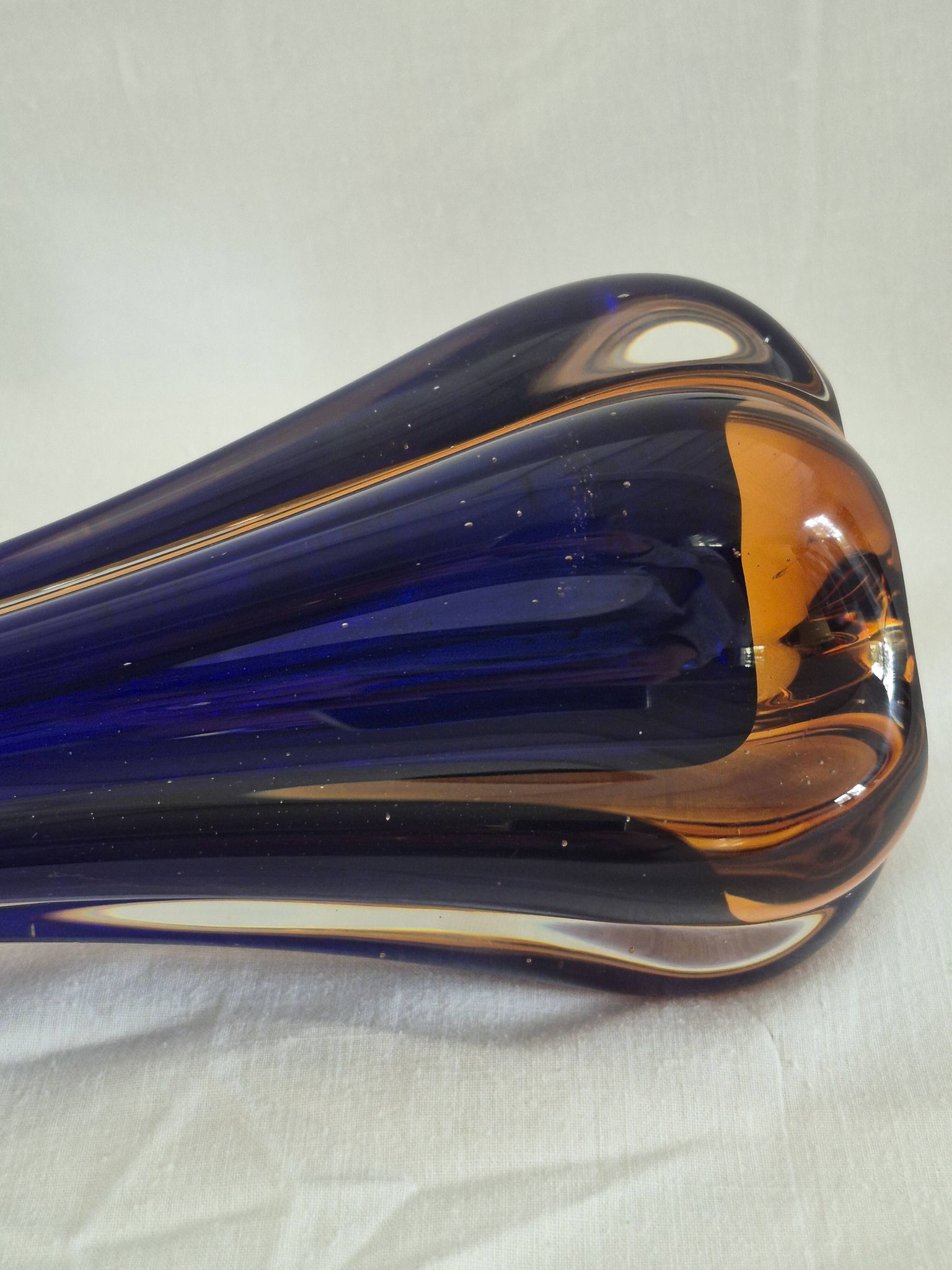 Vintage cobalt blue and amber blown glass vase in Murano style.