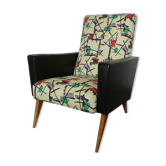 Black skai chair and graphic fabric 1950s
