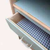 Vintage tall chest of drawers in raw wood and grey-blue from the 1950s.