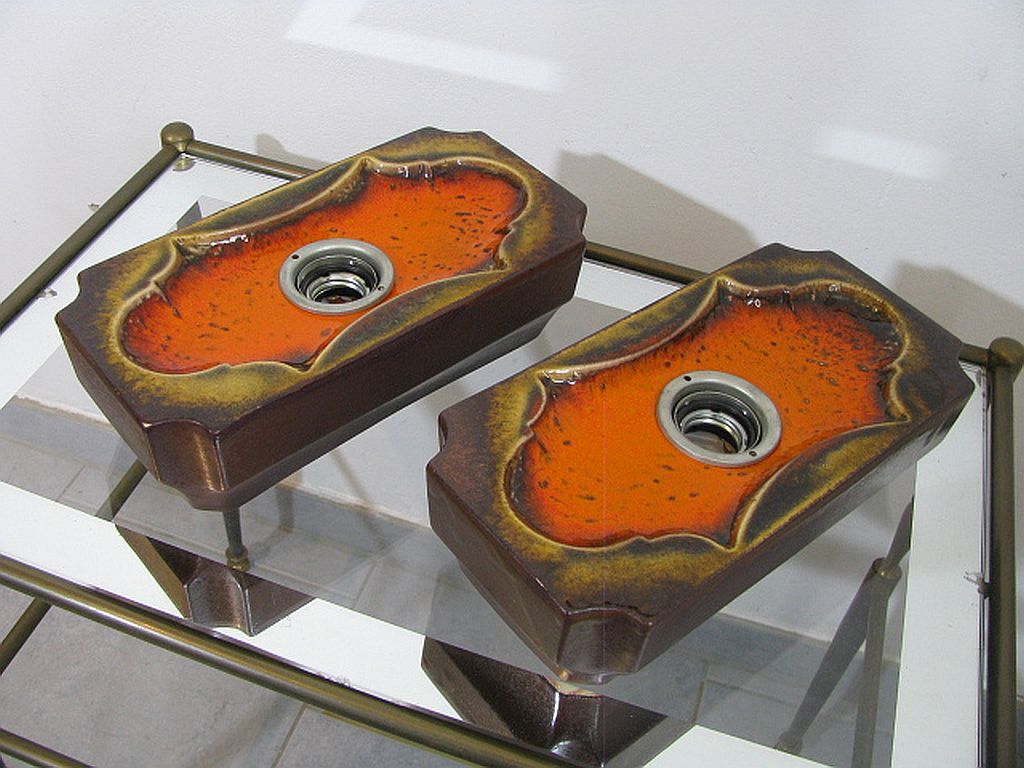 Set of 2 German Orange Lava Ceramic Wall Lamps from the 1960s / 70s Pan Keramik