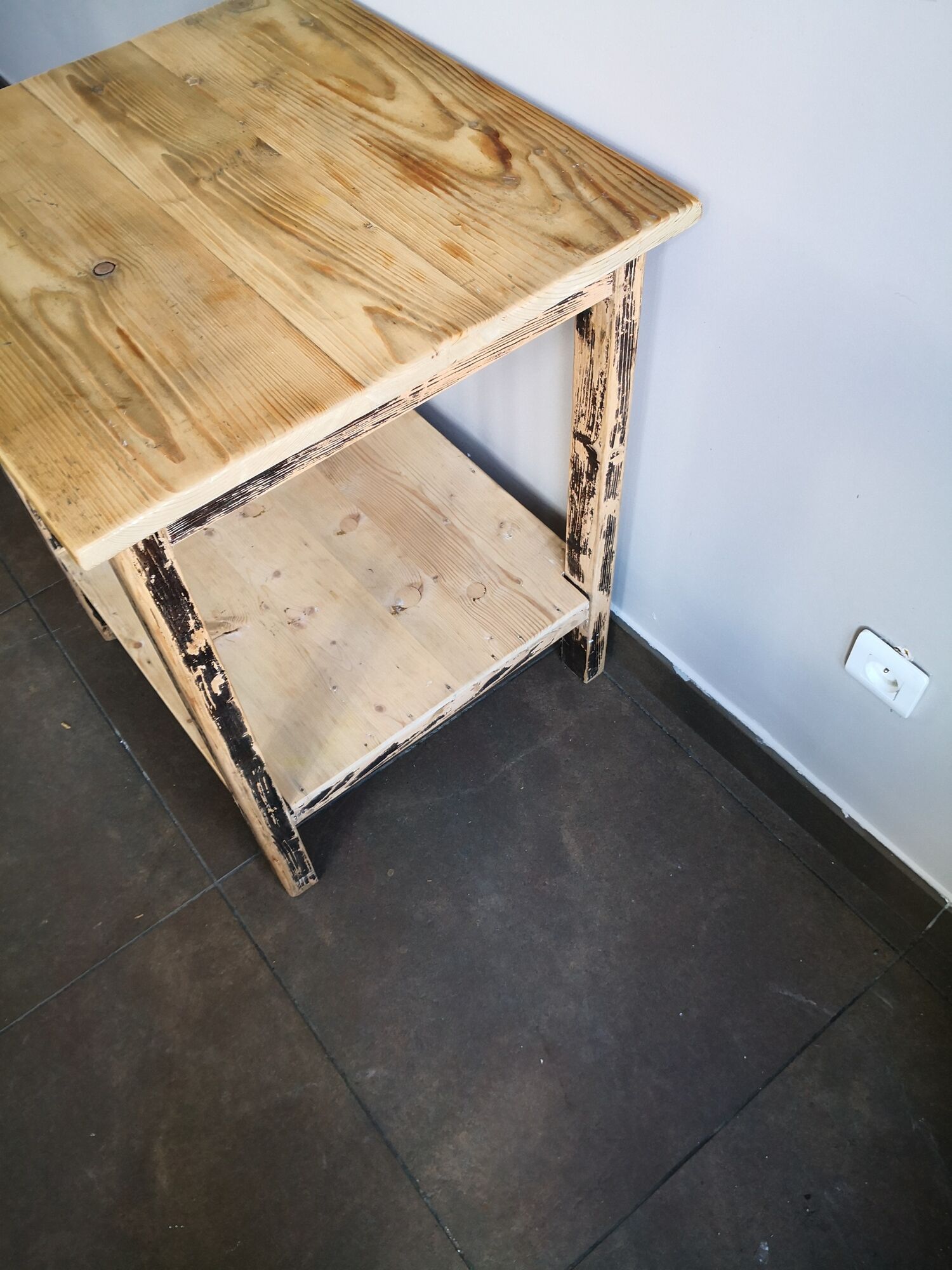 Vintage wooden side table, entrance console, square pedestal table 2 floors.