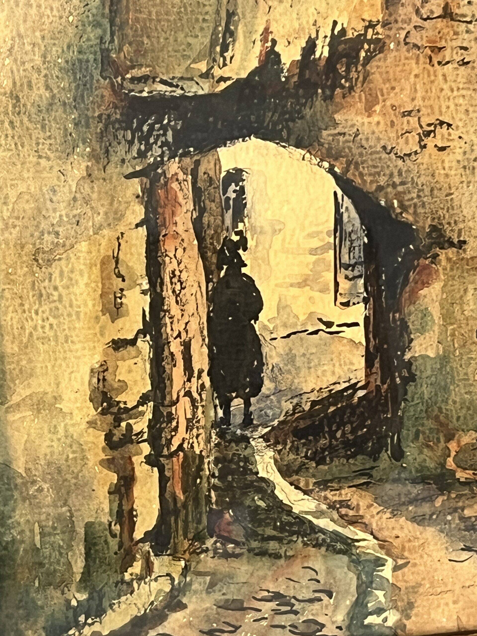 Watercolor by Emile Gudin (1874-1957), rue de Riez, southern town