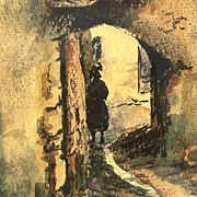 Watercolor by Emile Gudin (1874-1957), rue de Riez, southern town