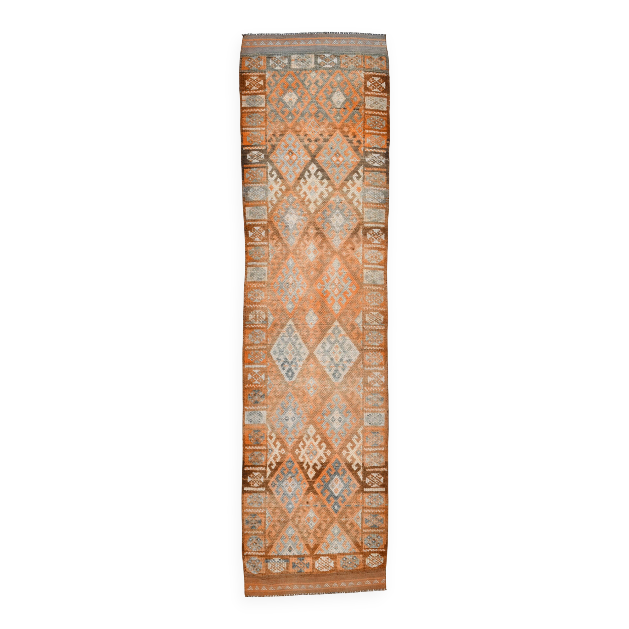 3x11 Orange Brown Tribal Turkish Vintage Runner Rug, 88x330Cm