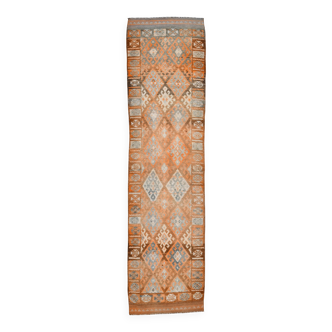 3x11 Orange Brown Tribal Turkish Vintage Runner Rug, 88x330Cm