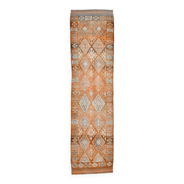 3x11 Orange Brown Tribal Turkish Vintage Runner Rug, 88x330Cm