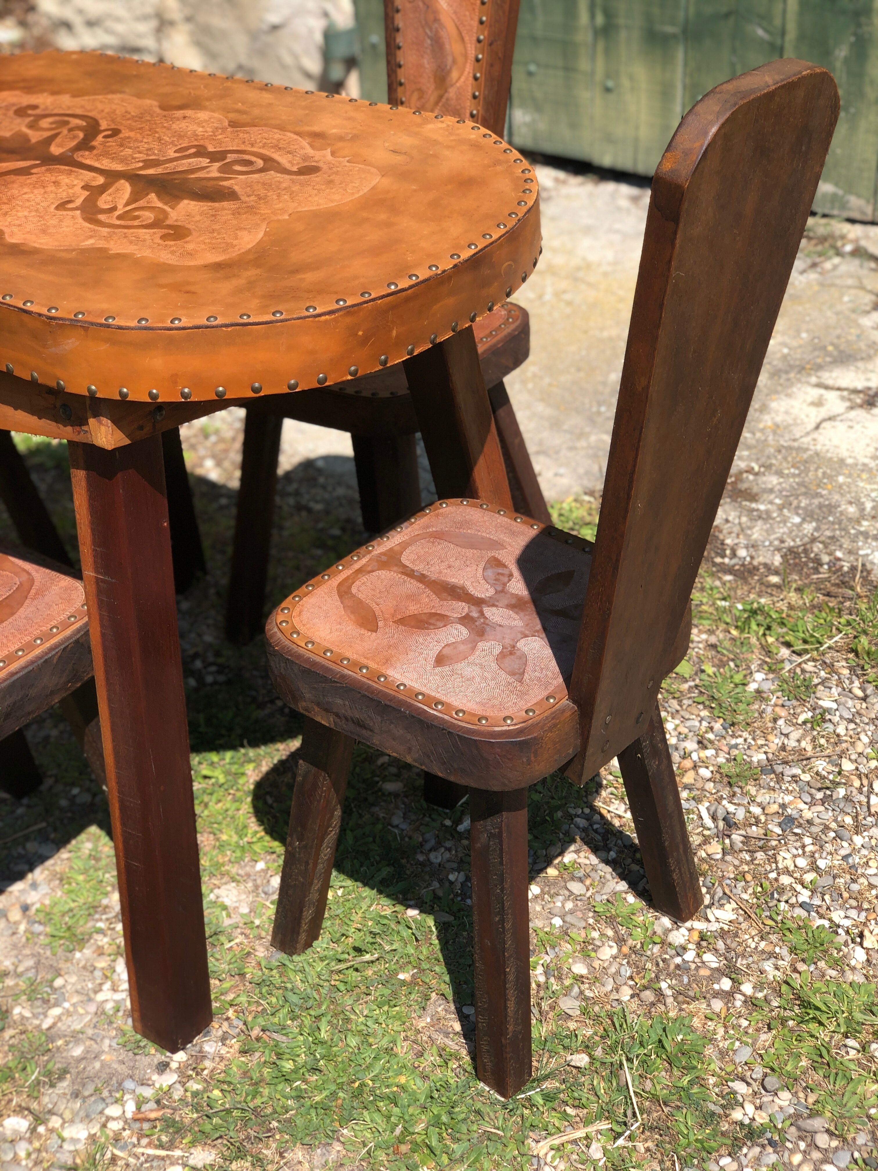 Brutalism oak and leather table and 4 chairs set 1960