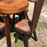 Ensemble table et 4 chaises brutalisme chêne et cuir 1960