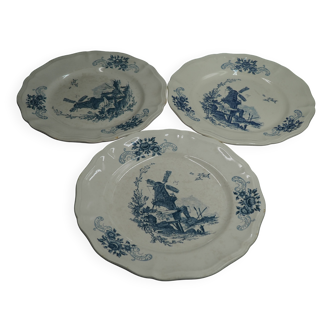 3 assiettes plates motif moulin bleu