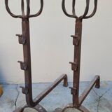 Paire de chenets landiers en fer forgé de cheminée ancien 19ème