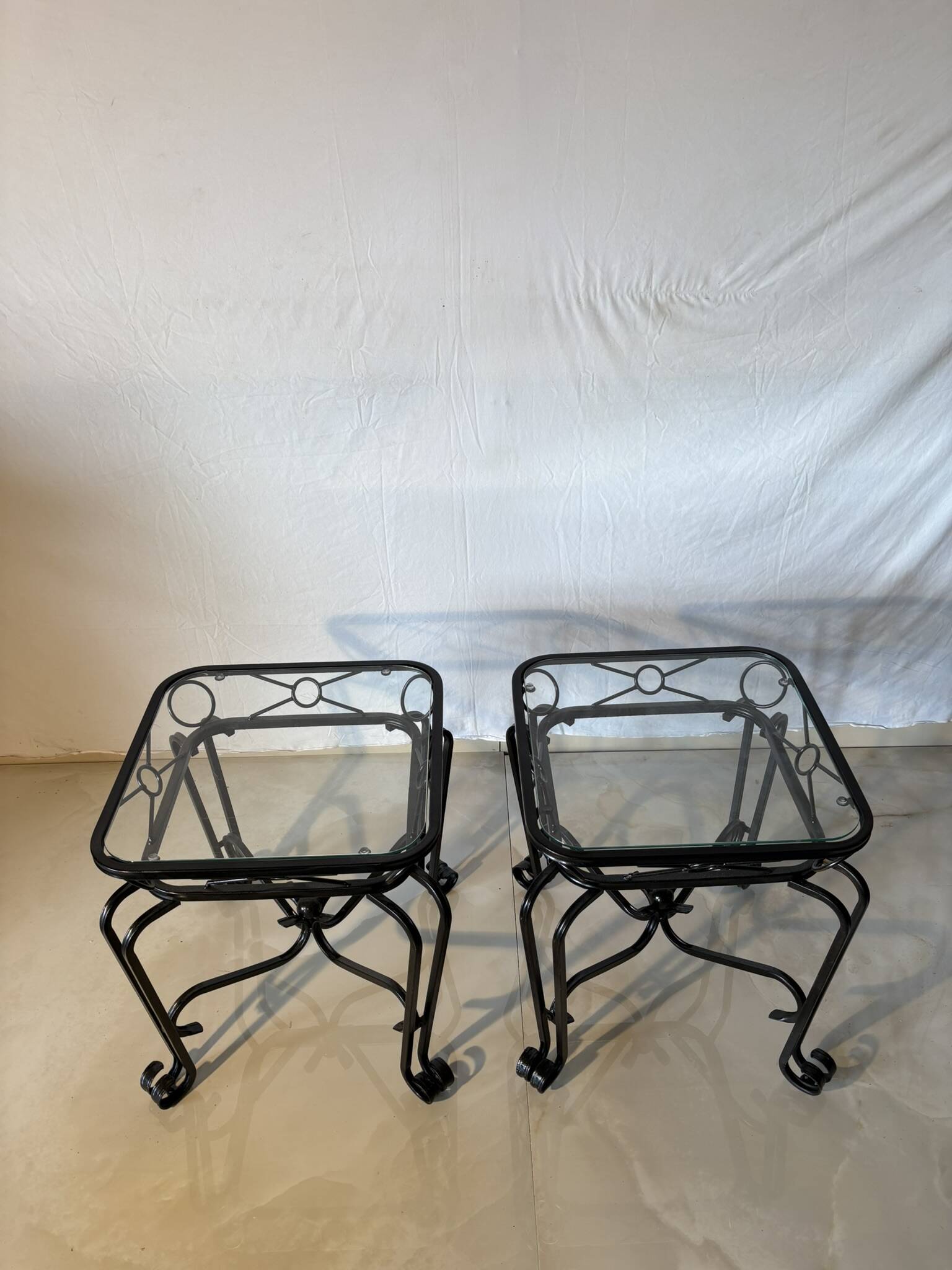 Pair of vintage wrought iron and glass side tables – Mediterranean style
