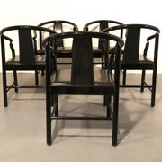 Set of 5 black lacquered leather dining chairs similar to China Chair Wegner