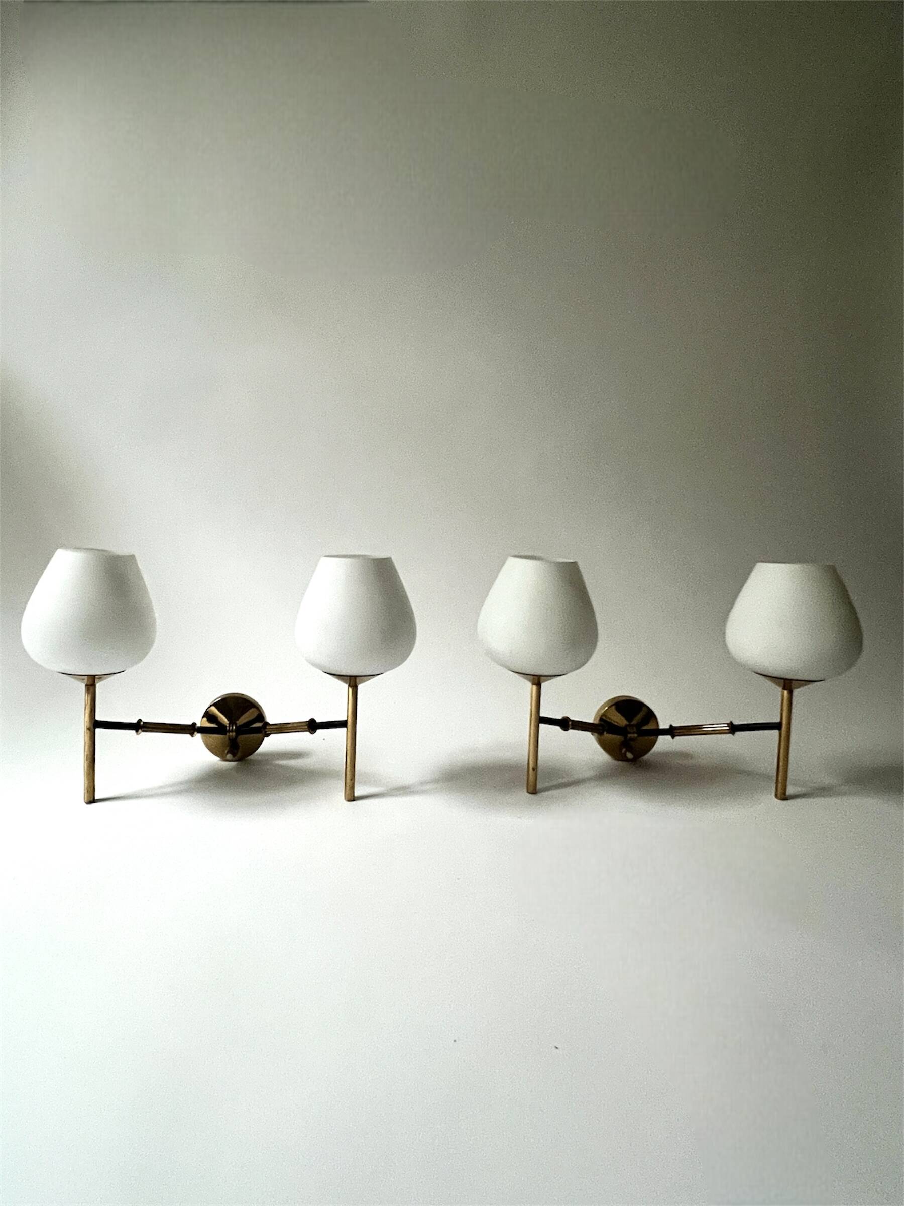 2 double wall lights in brass and white opaline glass, Arlus design 1950